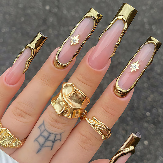 Gilded Dream Long Square Pink with Unique Metallic Accents Press On Nail Set