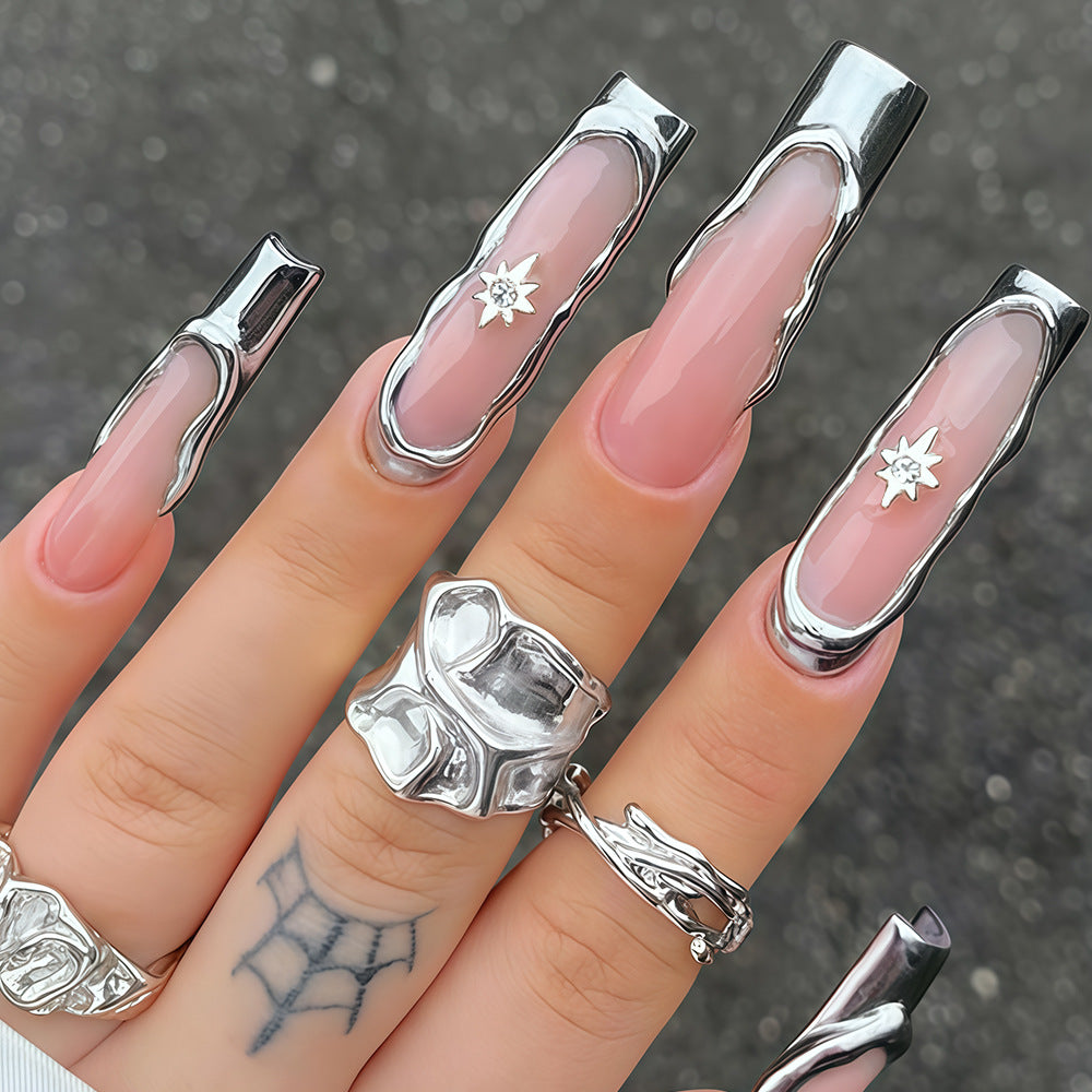 Glamorous Medium Square Pink Press-On Nails with Unique Metallic Detailing