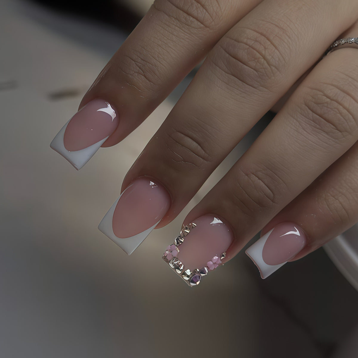 Sparkling Elegance Medium Square Pink with Rhinestone Accent Press On Nail Set
