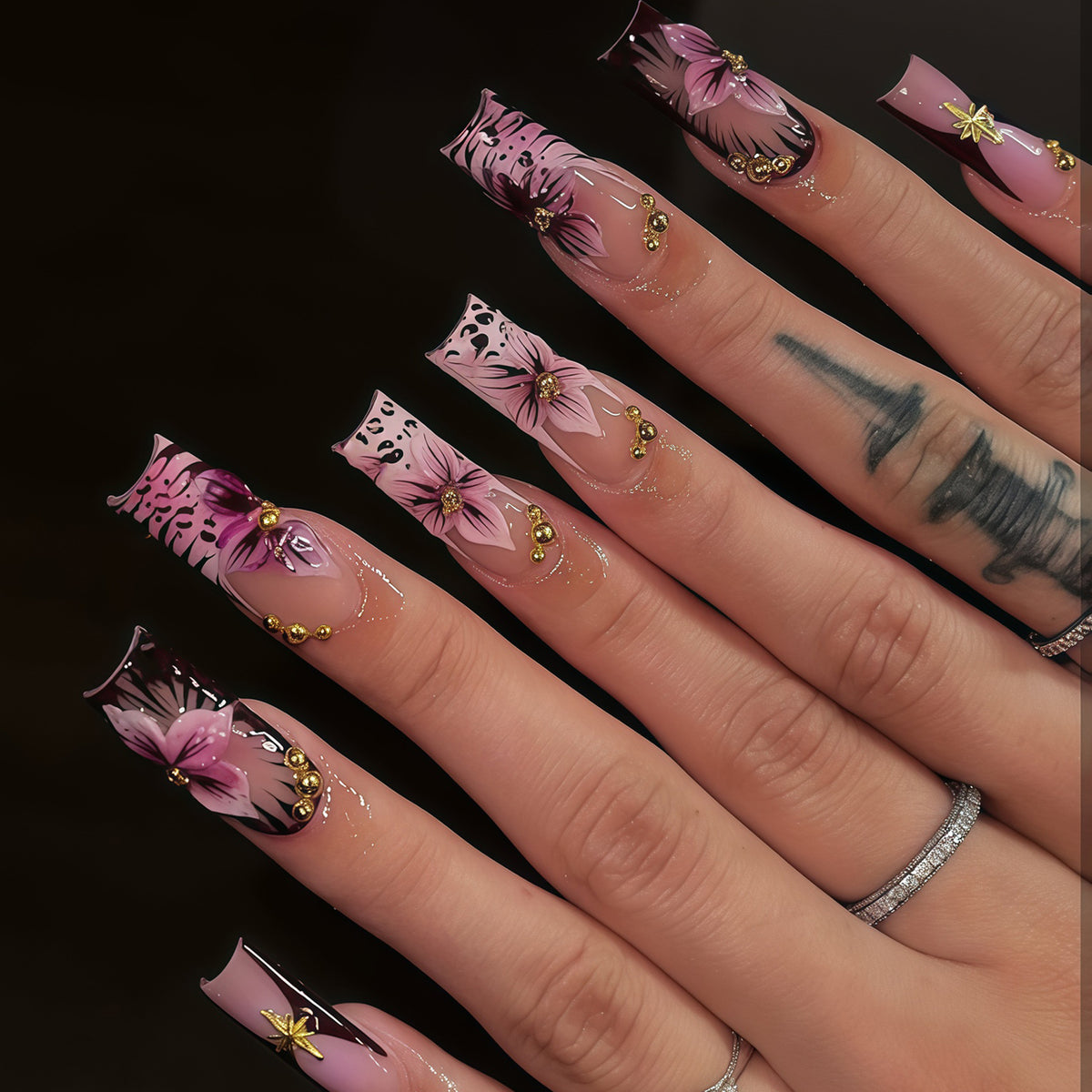 Floral Elegance Long Square Pink Press On Nail Set with Unique Gold Details