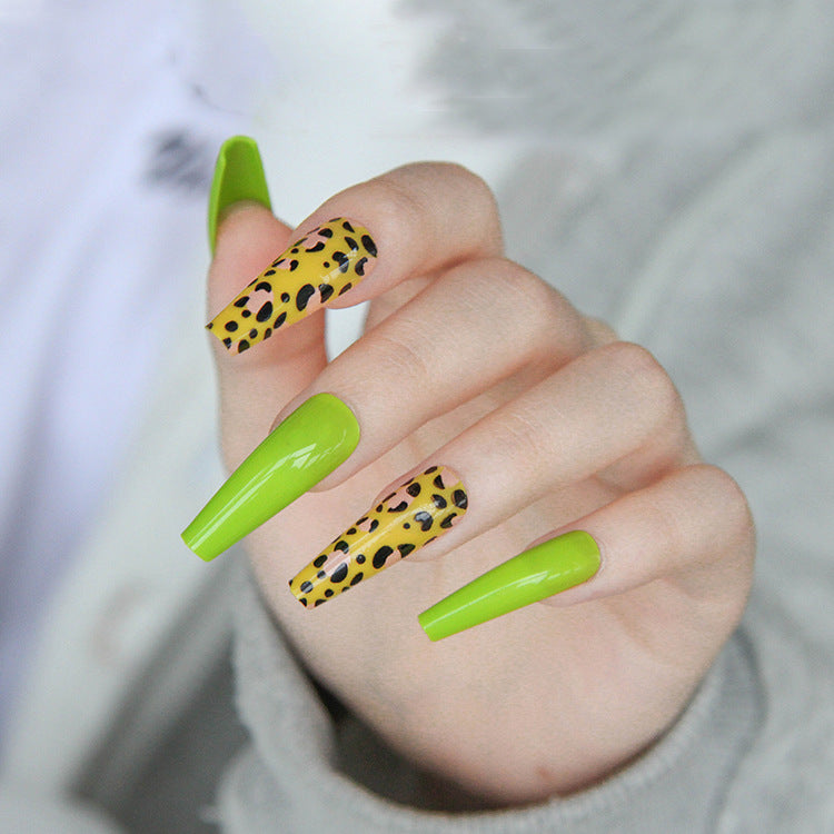 Safari Adventure Extra Long Coffin Neon Green and Leopard Print Press On Nail Set