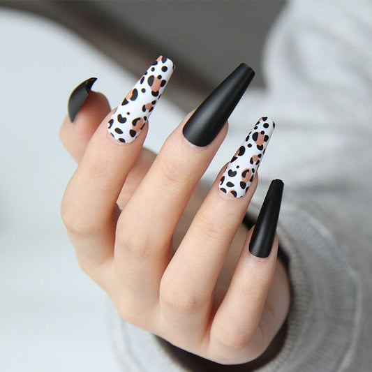 Safari Chic Long Coffin Black and White Press On Nail Set with Animal Print Pattern
