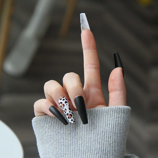 Safari Chic Long Coffin Matte Black Press on Nails with White Accents and Animal Print Feature