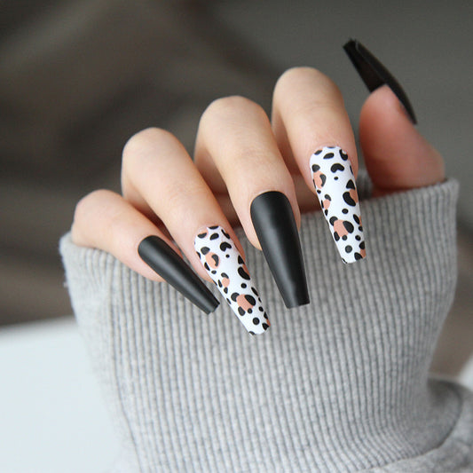 Safari Chic Extra Long Coffin Black and White Polka Dot Pattern Press On Nail Set