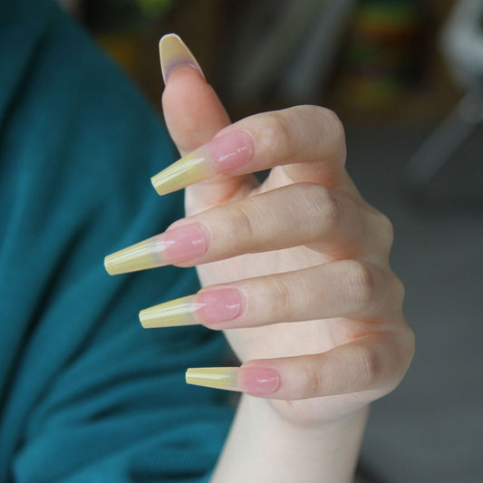 Sunset Ombre Extra Long Coffin Fake Nails Pink and Yellow Gradient Press On Nail Set with UV Glow