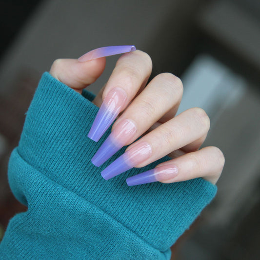 Enchanted Evening Long Coffin Shape Ombre Purple Press On Nail Set with Gradient Effect