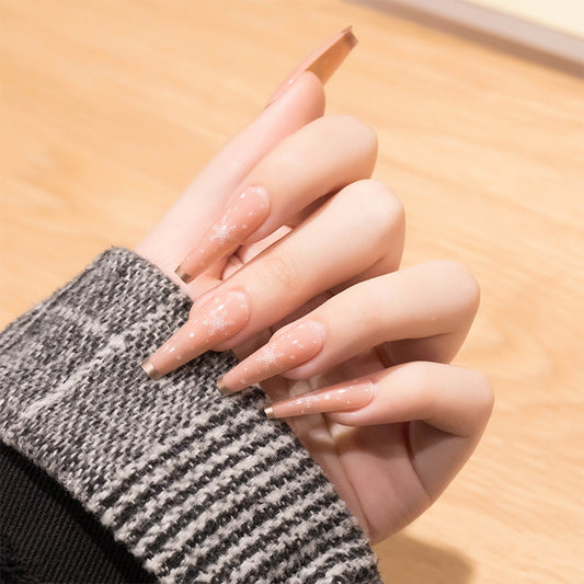 Elegant Winter Sparkle Long Coffin Beige Press On Nail Set with Glitter Snowflake Design
