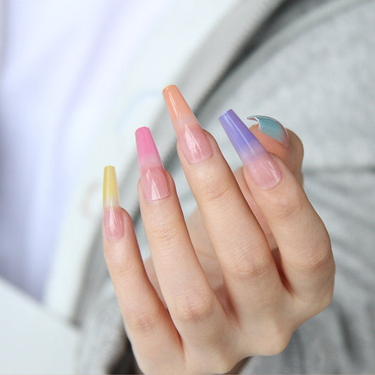 Pastel Rainbow Unicorn Long Coffin Multicolored Press On Nail Set with Ombre Effect
