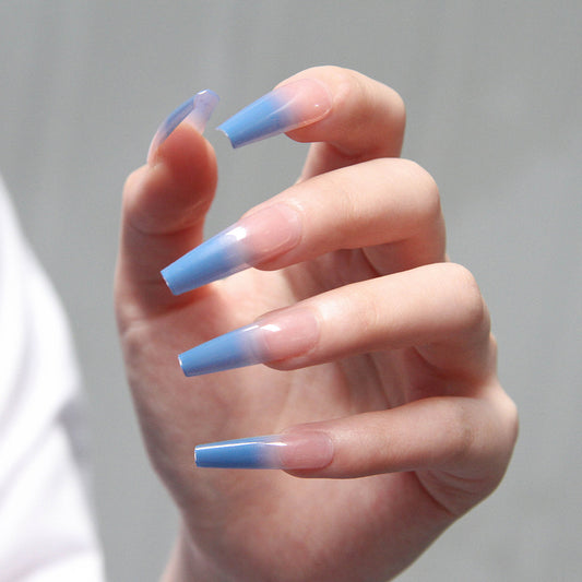 Summer Breeze Long Coffin Ombre Blue Gradient Press On Nail Set with French Tip Design