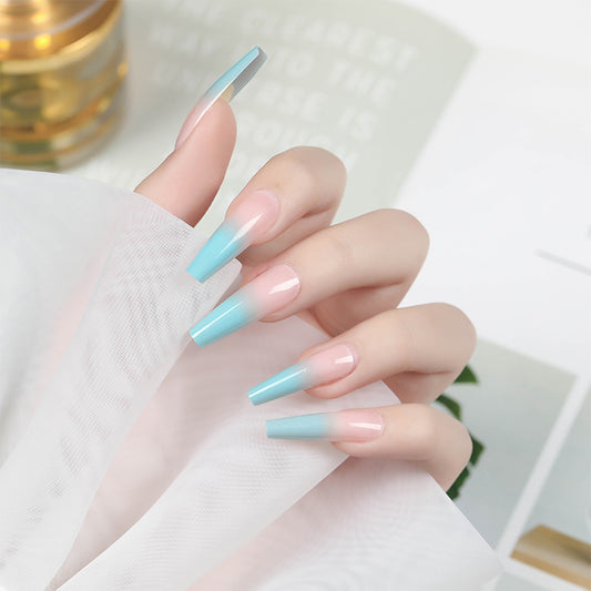 Arctic Ombr√© Long Coffin Baby Blue & Beige Press On Nail Set with Seamless Gradient Design