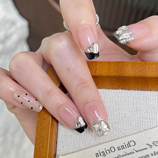 Glamorous Elegance Long Square Beige and Black Press On Nail Set with Dazzling Silver Accents
