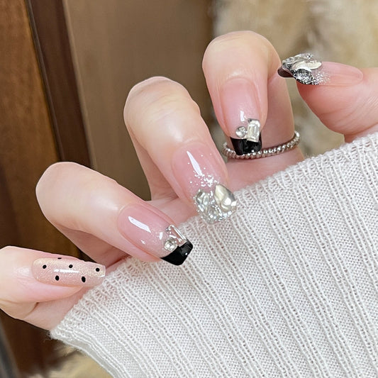 Glamorous Elegance Long Square Pink with Black French Tips and Sparkling Gem Accents Press On Nail Set