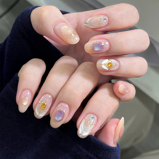 Glamorous Elegance Long Oval Natural Beige with Glittering Gemstone Accents Press On Nail Set