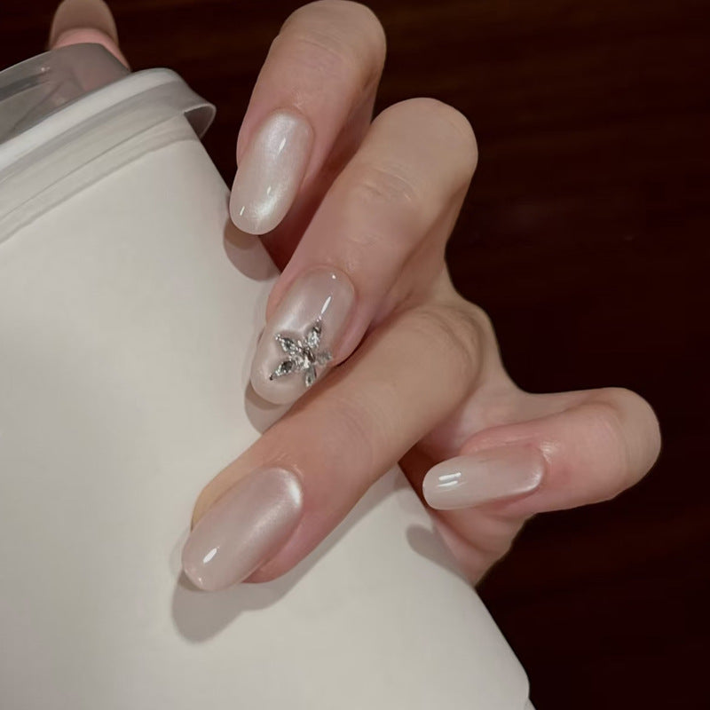 Enchanted Elegance Long Oval Shaped Translucent White with Sparkling Accent Press On Nail Set