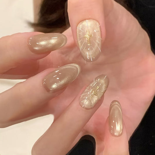 Glamorous Radiance Long Oval Beige Press On Nail Set with Sparkling Aesthetic