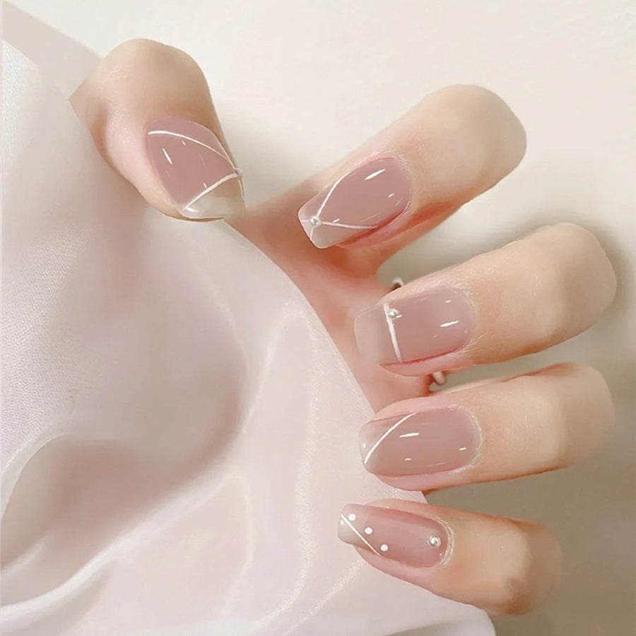Elegant Romance Medium Coffin Beige Press On Nail Set with White Accent Lines and Pearl Details
