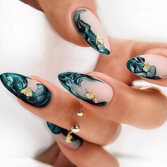 Ocean Dream Long Almond Press On Nail Set in Teal and Gold Marble Design with Glitter Accents