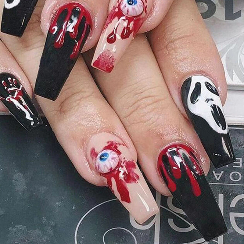 Spooky Halloween Long Coffin Press On Nail Set In Black Red And Beige Featuring Creepy Eye And Blood Effects