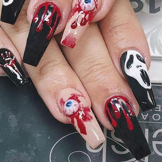 Spooky Halloween Long Coffin Press On Nail Set In Black Red And Beige Featuring Creepy Eye And Blood Effects