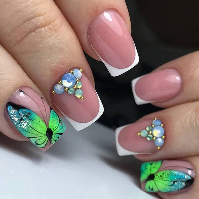 Butterfly Dream Long Square Pink and Green Press On Nail Set with Sparkling Gemstone Accents