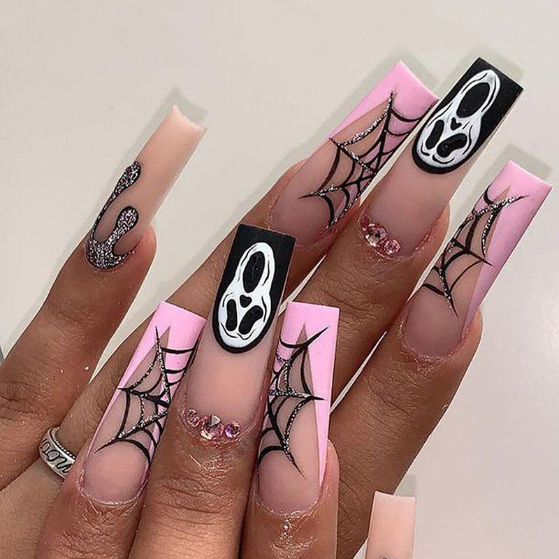 Spooky Gothic Long Coffin Press On Nail Set Pink Black With Spider Web Design And Rhinestone Accents