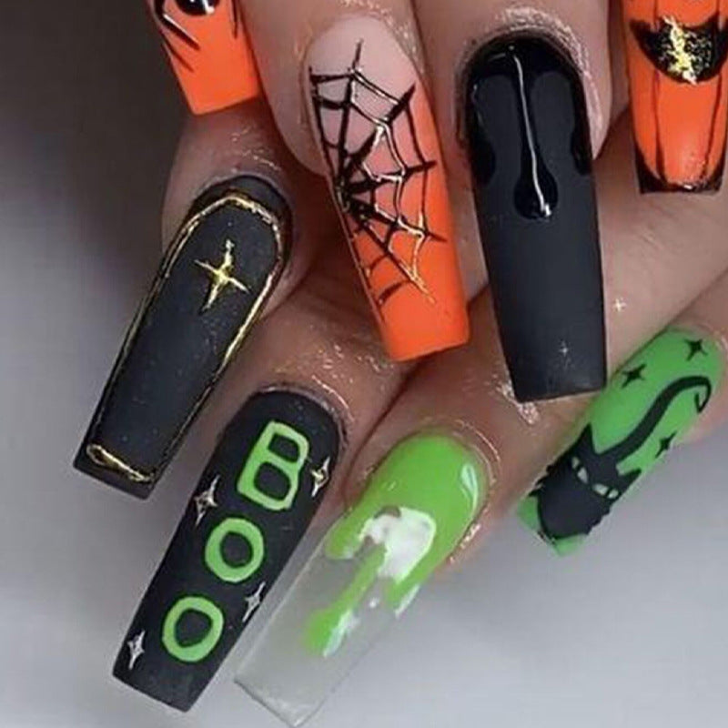 Spooky Halloween Long Coffin Press On Nail Set Black Orange Green with Fun Boo Design