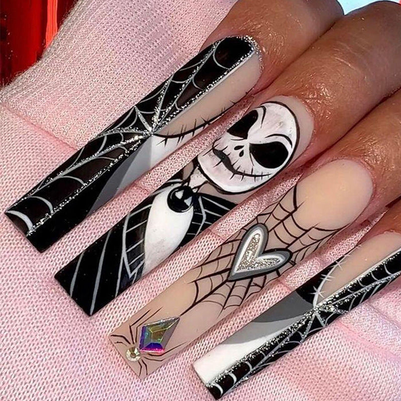 Spooky Elegance Long Square Black And White Spooky Spider Design With Gemstone Accent Press On Nail Set