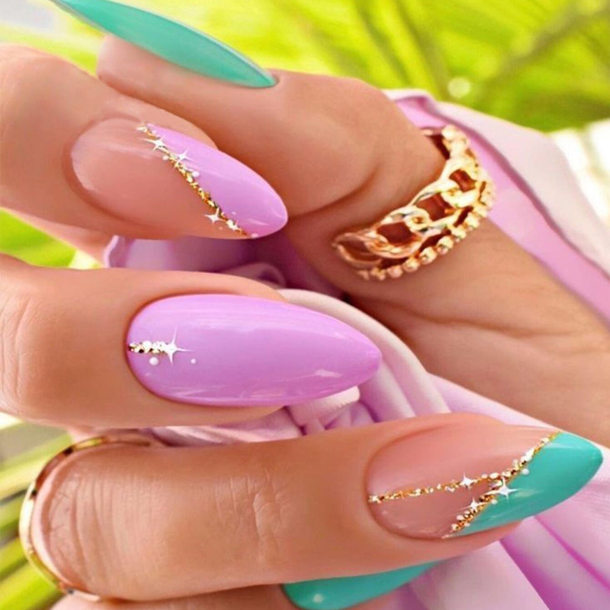 Tropical Dream Long Almond Shaped Lavender and Aqua Press On Nail Set with Sparkling Gold Accent