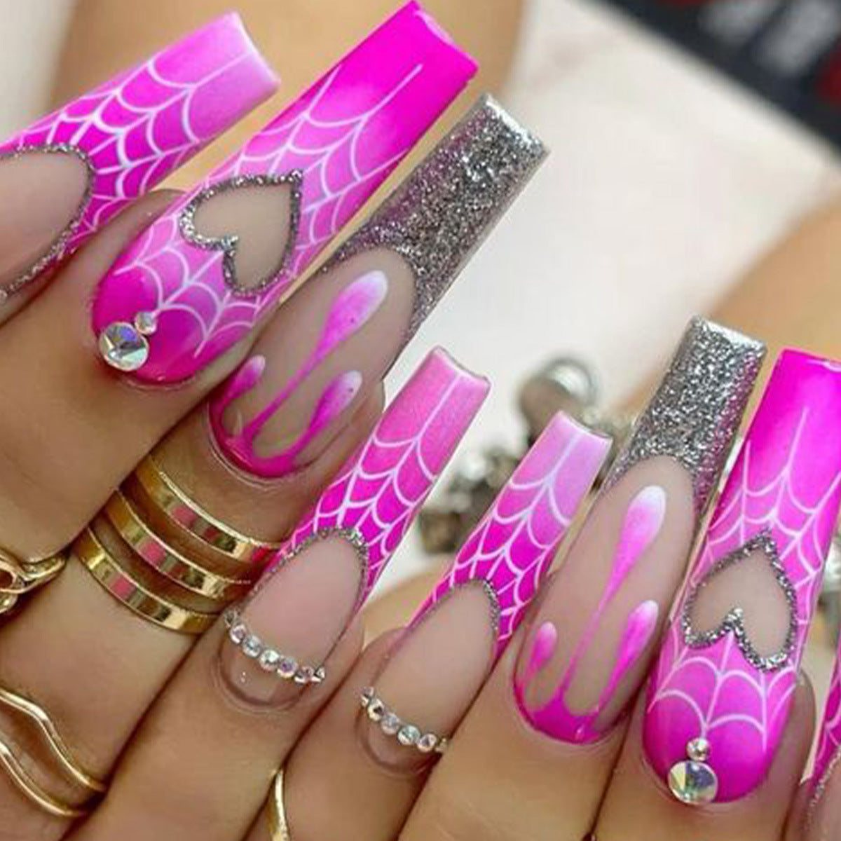 Spooky Glam Long Coffin Pink Glitter Spider Web Press On Nail Set with Heart Design and Rhinestone Accents