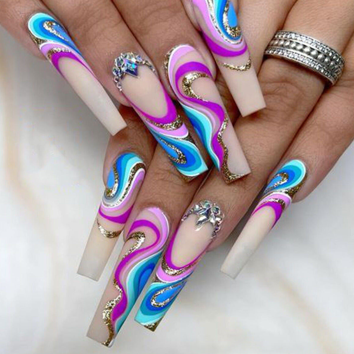 Ocean Waves Press On Nails Long Coffin Shape Blue Pink and White Design with Glitter Accents
