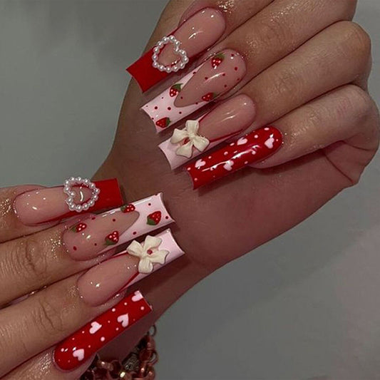 Sweetheart Romance Long Square Red and Pink Press On Nail Set with Strawberry and Bow Accents