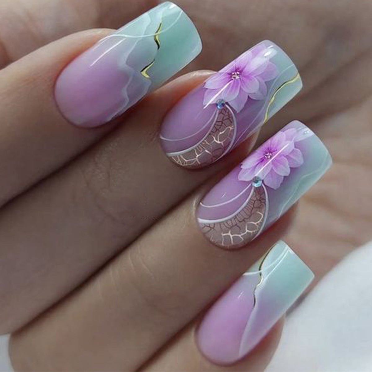 Floral Dreamland Press Nail Set Medium Square Pink and Green with Elegant Floral Design