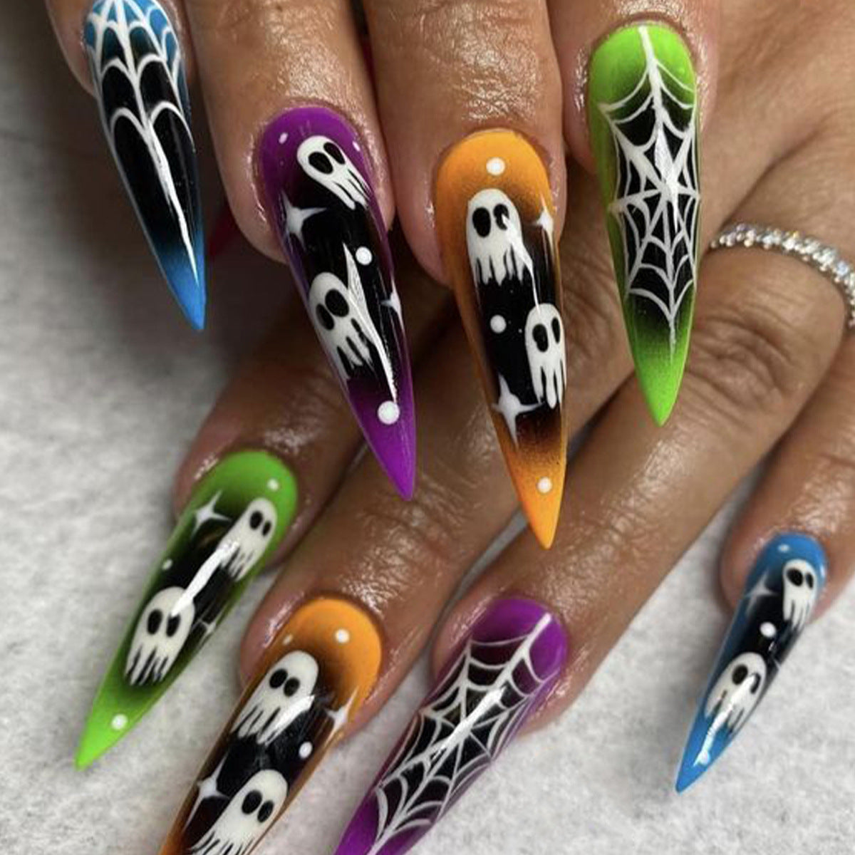Spooky Halloween Long Stiletto Press On Nail Set Multicolored with Ghost and Spider Web Design