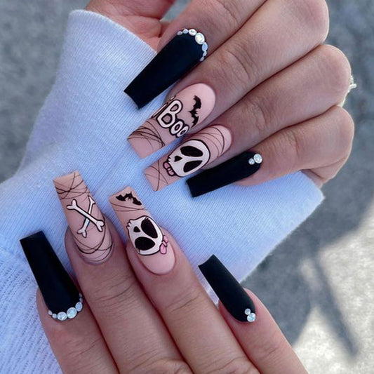 Spooky Chic Long Coffin Press On Nail Set Black and Beige with Skull and Bat Designs