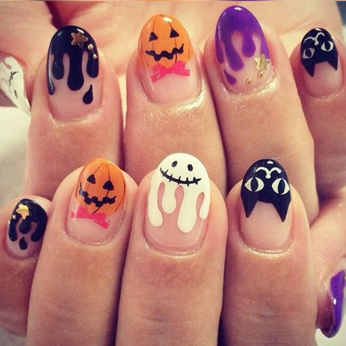 Spooky Halloween Medium Almond Orange Black Purple Press On Nail Set with Cute Ghost and Pumpkin Designs