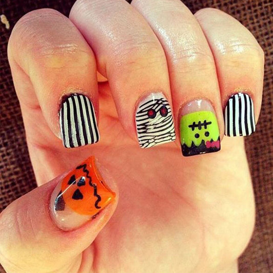 Spooky Halloween Fun Short Square Orange Black and Green Press On Nail Set with Unique Monster and Mummy Designs