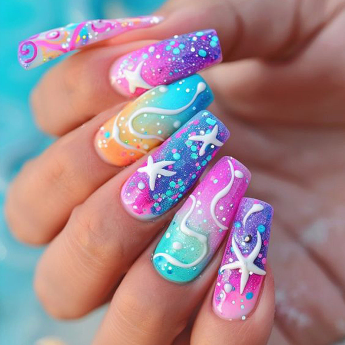 Ocean Breeze Long Coffin Press On Nail Set in Pastel Ombr‚àö¬© with Starfish Accents