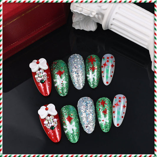 Holiday Glamorous Medium Almond Green and Red Glittery Press-On Nail Set with Unique Festive Accents