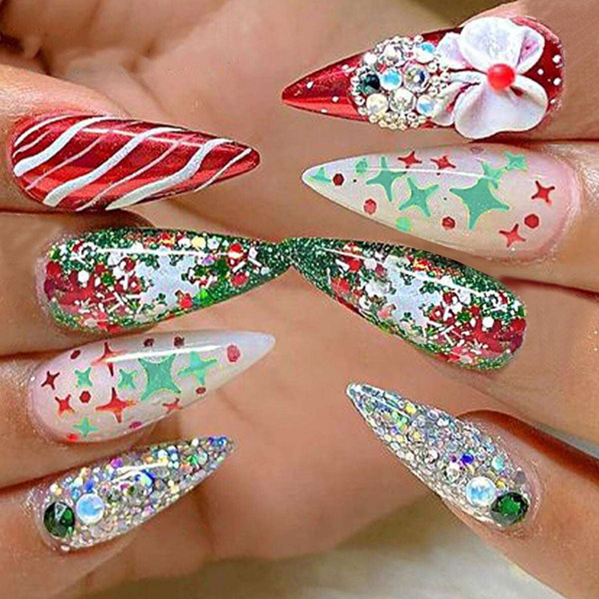 Festive Glamour Medium Almond Red Glittery Starry Press-On Nail Set