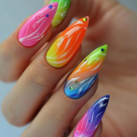 Tropical Dream Long Stiletto Press On Nail Set in Neon Colors with Unique Swirl Design and Sparkling Accents