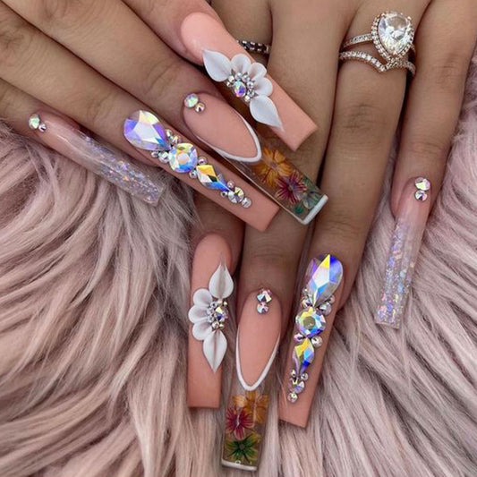 Glamorous Floral Fantasy Long Square Blush Pink Press on Nail Set with Sparkling Gems and Glitters