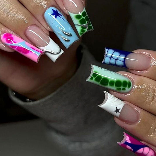 Creative Splash Long Square Press On Nail Set Multi-Colored with Unique Metallic Accents