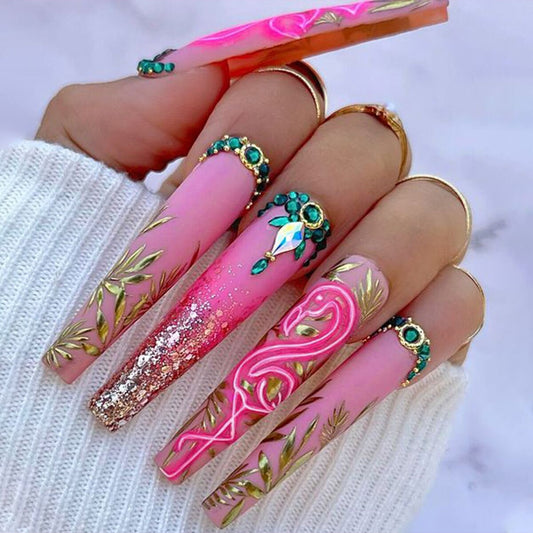 Tropical Elegance Long Coffin Pink Press On Nail Set with Gold and Green Gem Accents