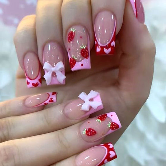Sweet Strawberry Delight Medium Square Pink Nails with Adorable Bow Accents