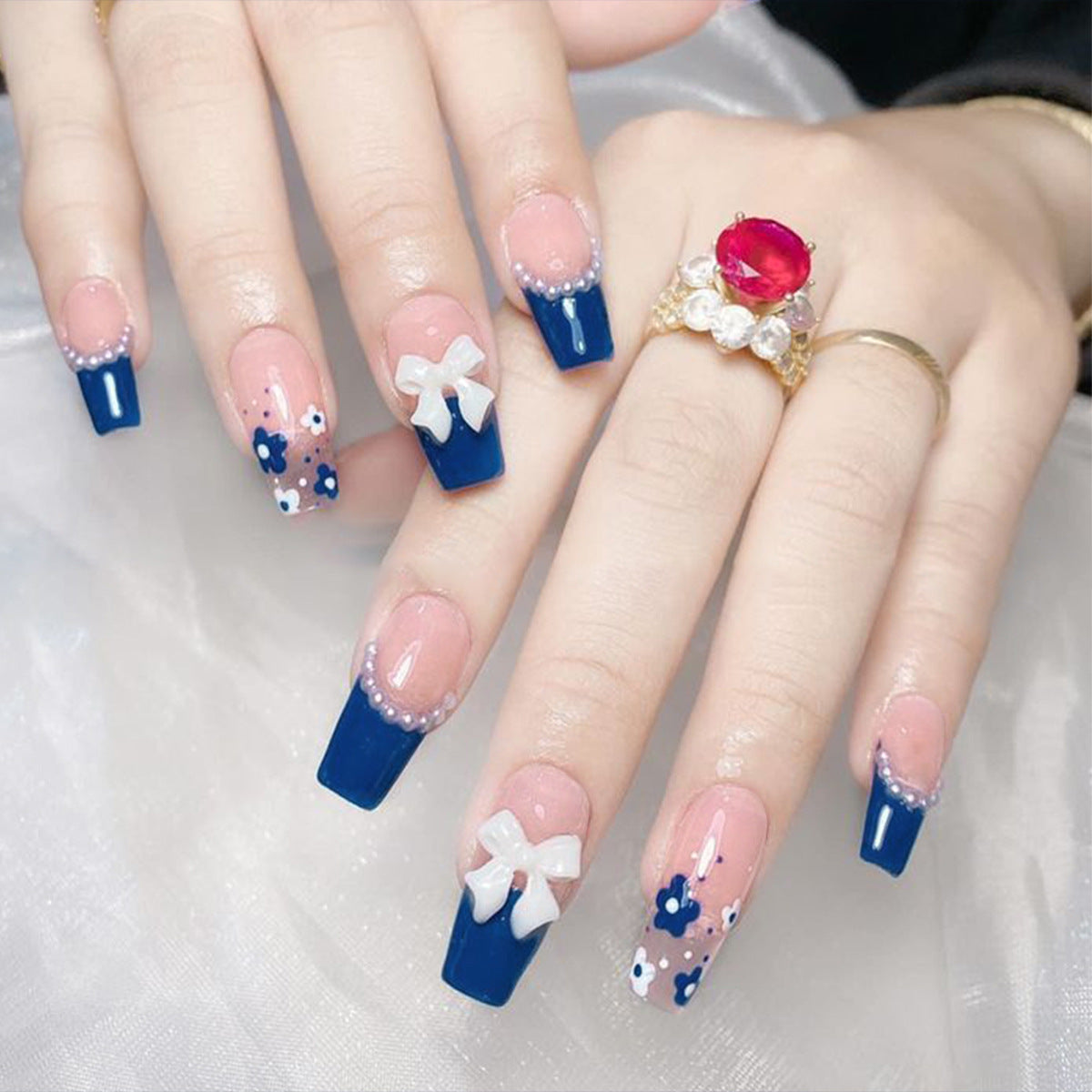 Charming Floral Dream Long Coffin Navy Blue Press-On Nail Set with Delicate Bow and Pearl Accents