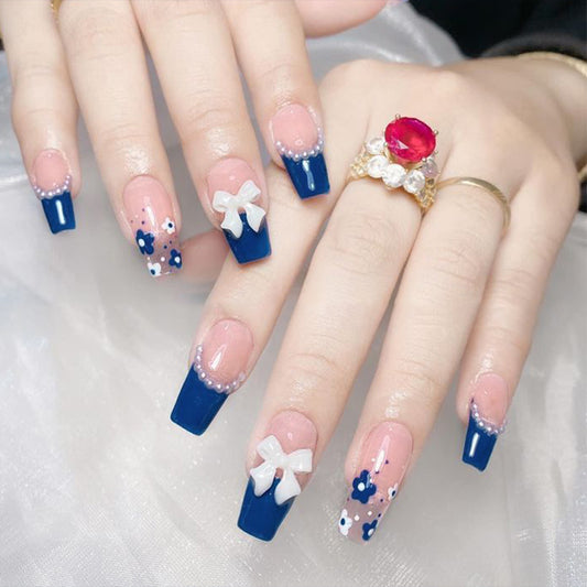 Charming Floral Dream Long Coffin Navy Blue Press-On Nail Set with Delicate Bow and Pearl Accents