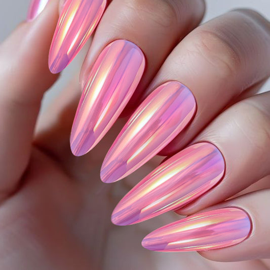 Dreamy Radiance Long Almond Iridescent Pink Press-On Nail Set with Reflective Shine