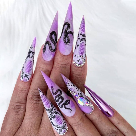 Mystical Lavender Stiletto Long Press-On Nail Set with Snake Design and Rhinestone Accents