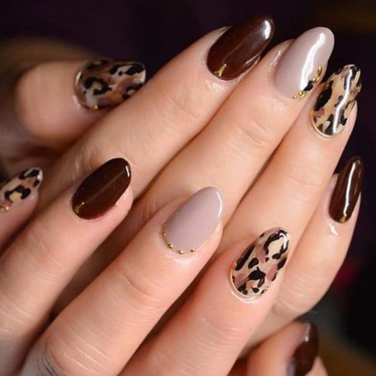 Wild Elegance Medium Almond Shaped Brown and Beige Leopard Print Nail Set with Gold Accent Detailing