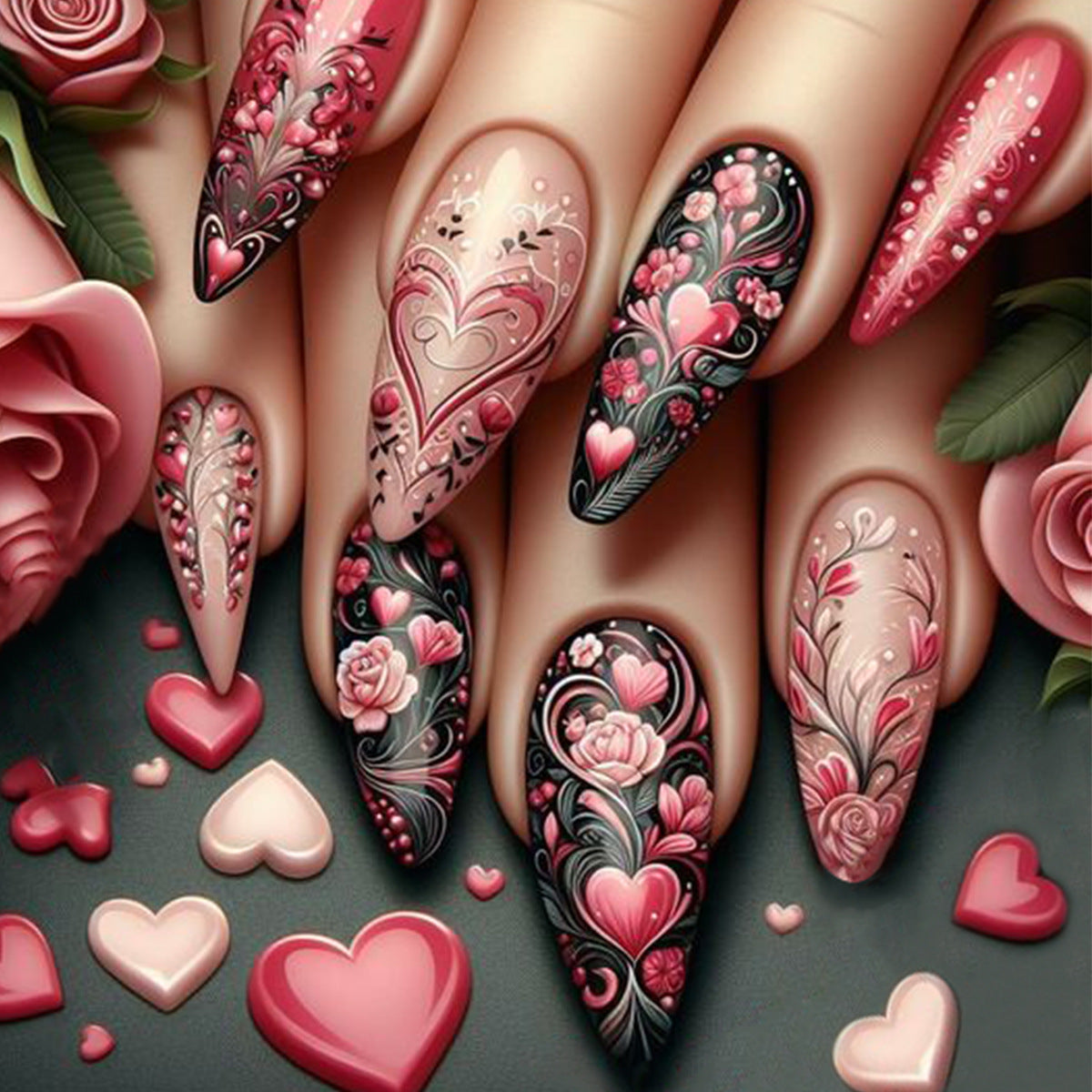 A set of long almond-shaped nails, featuring a romantic blossom design with floral detailing in pink and black colors.